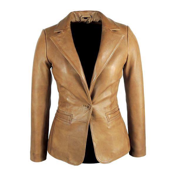 Blazer de cuero color canela con corte cónico para mujer, piel de cordero increíble