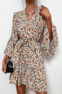 Floral Belted Flare Sleeve V-Neck Dress