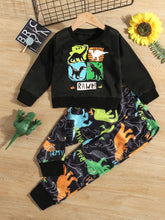 Cargar imagen en el visor de la galería, Conjunto de sudadera y pantalón con estampado de dinosaurio para niños
