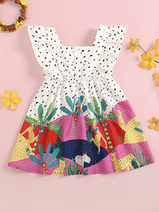 Vestido con mangas abullonadas y estampado mixto para niñas