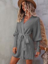 Load image into Gallery viewer, Belted Surplice Lantern Sleeve Wrap Sweater Dress
