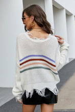 Load image into Gallery viewer, Striped Distressed Fringe Trim Plunge Sweater
