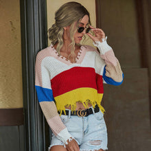 Load image into Gallery viewer, Color Block Frayed Hem Long Sleeve Sweater
