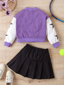 Girls Contrast Bomber Jacket, Tank, and Pleated Skirt Set