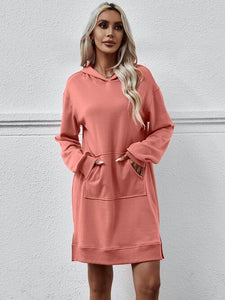 Slit Long Sleeve Hooded Dress with Pocket