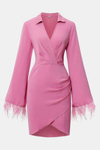 Load image into Gallery viewer, Feather Detail Tulip Hem Johnny Collar Dress
