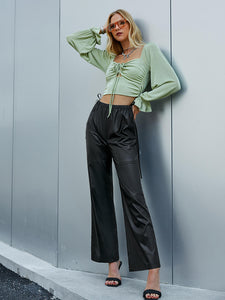 Side Tie Cutout PU Leather Flare Pants