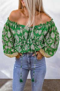 Printed Tassel Tie Balloon Sleeve Blouse