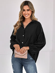 Johnny Collar Buttoned Dropped Shoulder Top