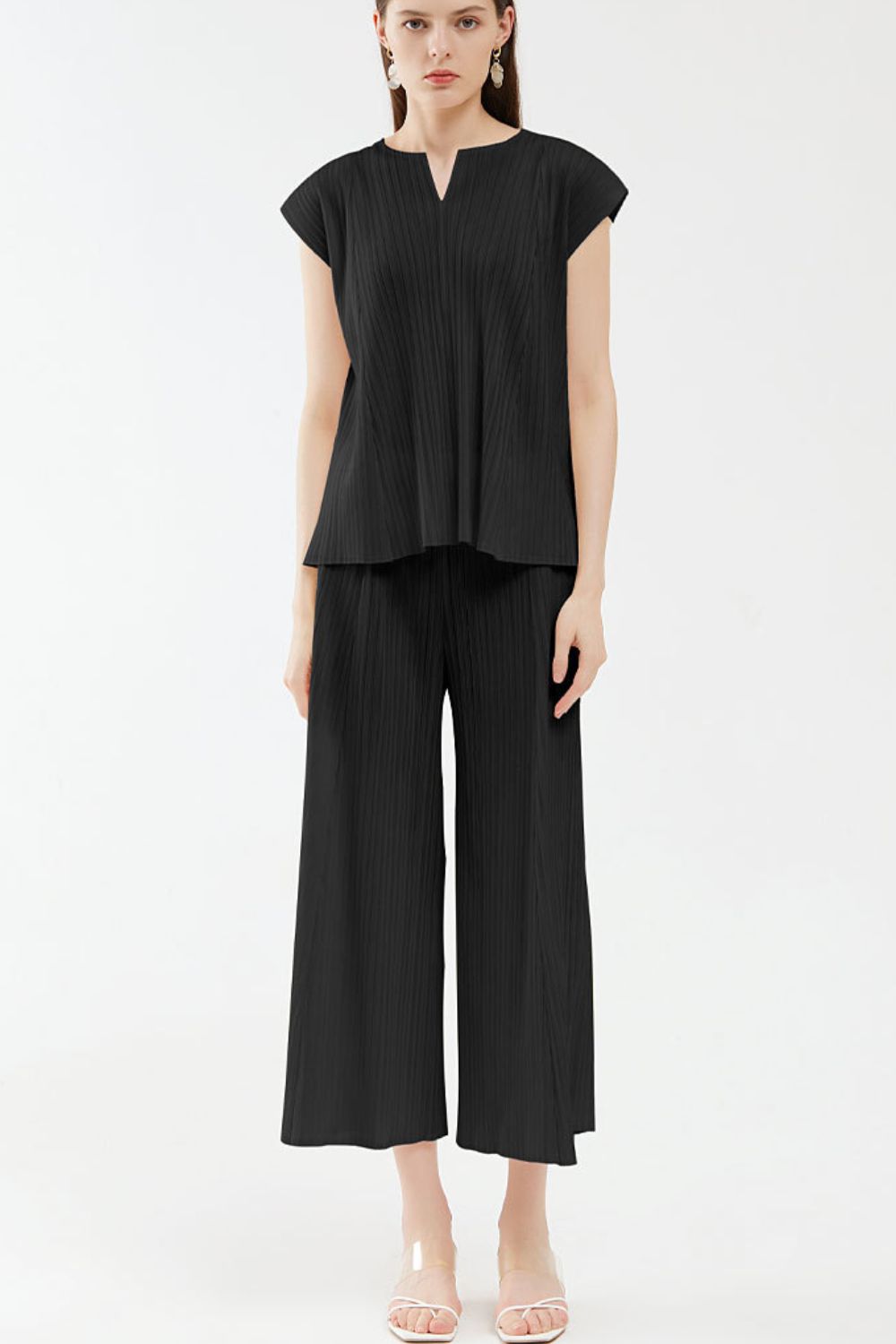 Accordion Pleated Notched Neck Top and Cropped Wide Leg Pants Set