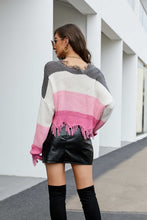 Load image into Gallery viewer, Striped Fringe Trim V-Neck Sweater
