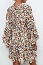 Load image into Gallery viewer, Floral Belted Flare Sleeve V-Neck Dress
