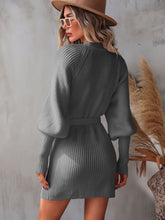 Load image into Gallery viewer, Belted Surplice Lantern Sleeve Wrap Sweater Dress
