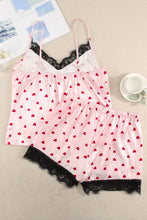 Load image into Gallery viewer, Heart Print Lace Trim Cami and Shorts Pajama Set
