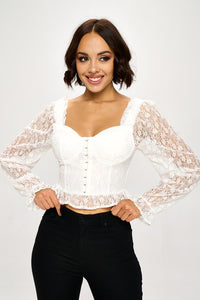 Chocolate USA Lace Corset Flounce Sleeve Cropped Top