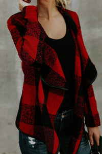 Women's Plaid Long Sleeve Asymmetric Collar Open Front Coat