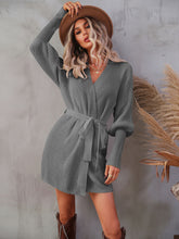 Load image into Gallery viewer, Belted Surplice Lantern Sleeve Wrap Sweater Dress
