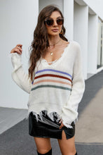 Load image into Gallery viewer, Striped Distressed Fringe Trim Plunge Sweater
