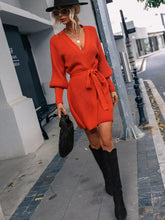 Load image into Gallery viewer, Belted Surplice Lantern Sleeve Wrap Sweater Dress
