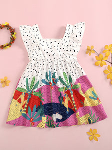 Vestido con mangas abullonadas y estampado mixto para niñas