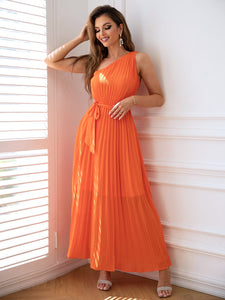 One-Shoulder Pleated Sleeveless Dress