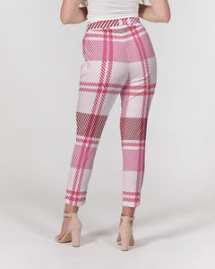 Womens Pants, Pink And White Plaid Style Belted Tapered Trouser Bottoms