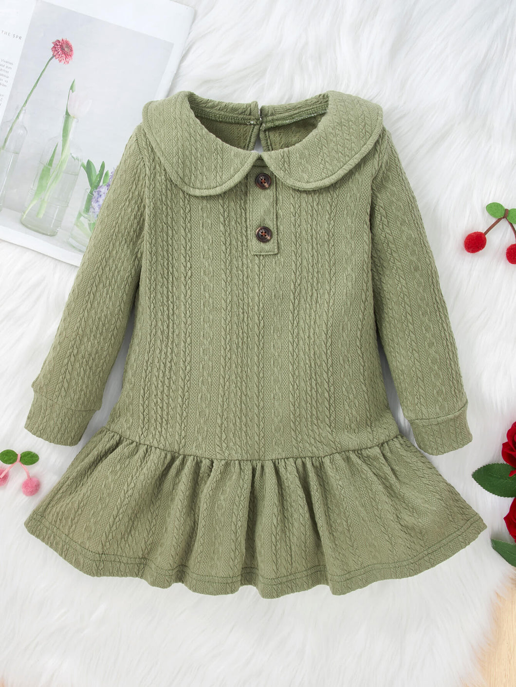 Girls Cable-Knit Peter Pan Collar Ruffle Hem Dress