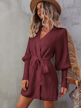 Load image into Gallery viewer, Belted Surplice Lantern Sleeve Wrap Sweater Dress
