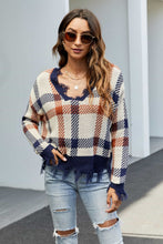 Load image into Gallery viewer, Plaid Distressed Drop Shoulder Sweater
