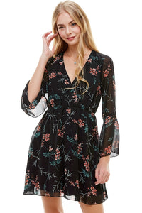 Floral V Neck Long Sleeve Skater Dress