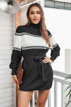 Load image into Gallery viewer, Contrast Tie Front Long Sleeve Sweater Dress
