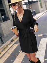 Load image into Gallery viewer, Belted Surplice Lantern Sleeve Wrap Sweater Dress
