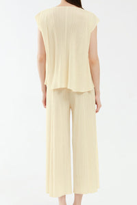 Accordion Pleated Notched Neck Top and Cropped Wide Leg Pants Set