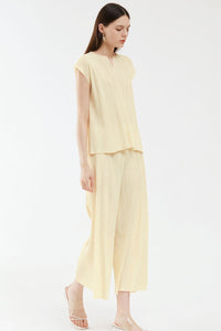 Accordion Pleated Notched Neck Top and Cropped Wide Leg Pants Set