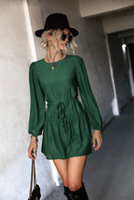 Load image into Gallery viewer, Frill Trim Tie Waist Puff Sleeve Mini Dress
