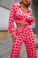 Load image into Gallery viewer, Heart Print Velour Zip Up Cropped Jacket and Pants Set
