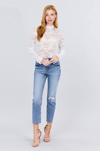 Scallop Mock Neck Long Sleeve Lace Bodysuit