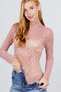 Scallop Mock Neck Long Sleeve Lace Bodysuit