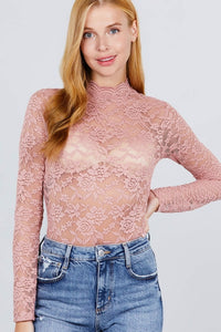 Scallop Mock Neck Long Sleeve Lace Bodysuit