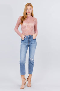 Scallop Mock Neck Long Sleeve Lace Bodysuit