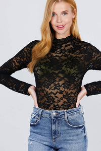 Scallop Mock Neck Long Sleeve Lace Bodysuit