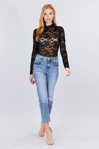 Scallop Mock Neck Long Sleeve Lace Bodysuit