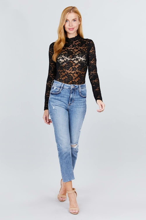 Scallop Mock Neck Long Sleeve Lace Bodysuit