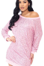 Load image into Gallery viewer, Pink Sparkly Sequin Wide Neck Boxy Mini Sweater Dress
