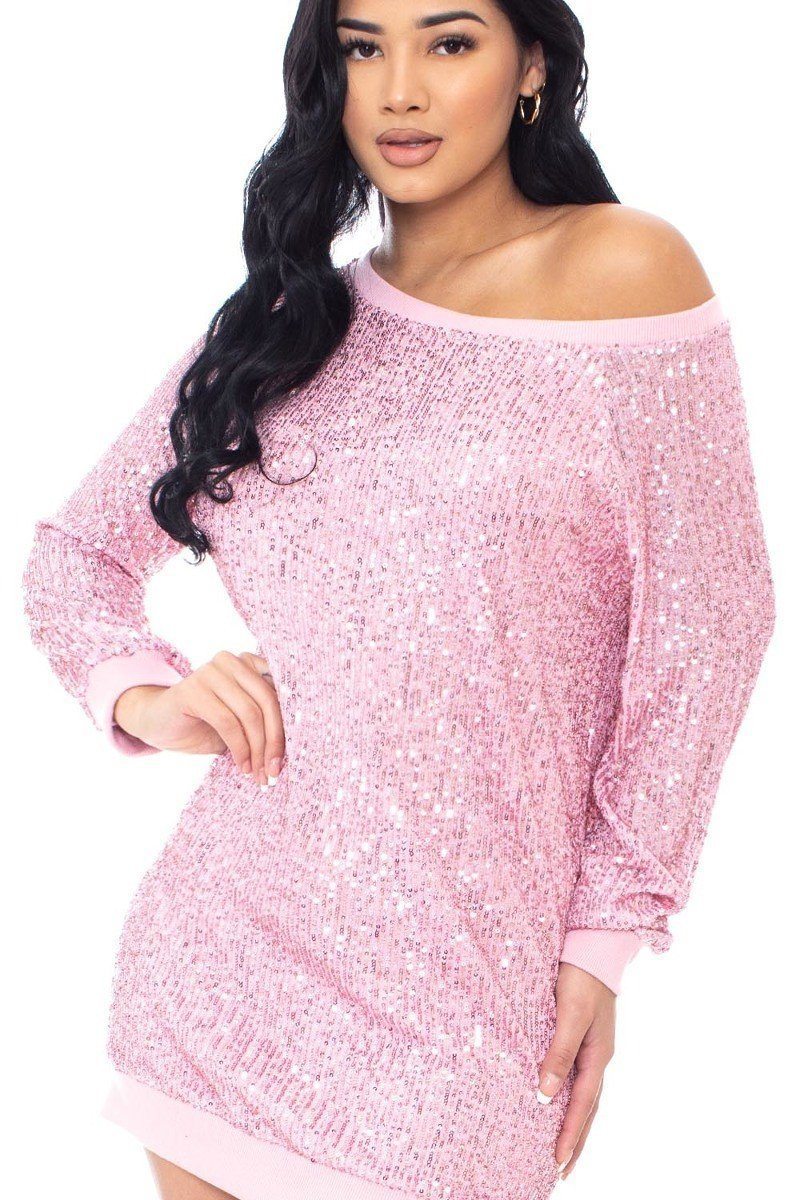 Pink Sparkly Sequin Wide Neck Boxy Mini Sweater Dress