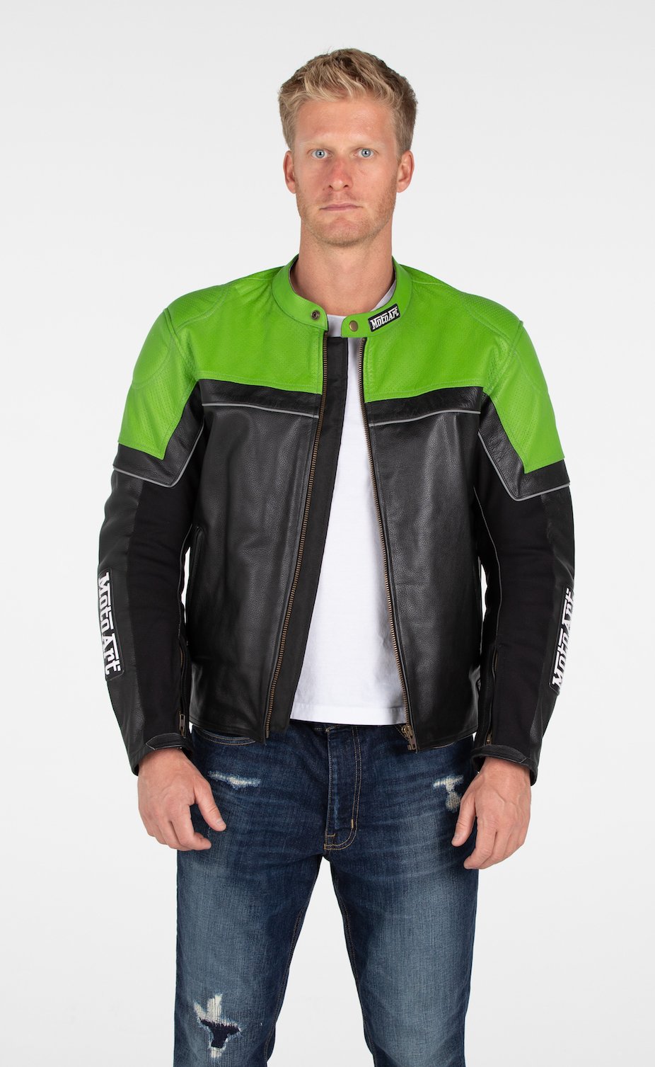 Chaqueta de cuero verde y negra MotoArt Motorcycle Racing Pro Series I para hombre