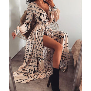 Letter Print Boho V-neck Long Dress Slit Maxi Dress