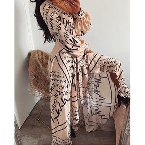 Letter Print Boho V-neck Long Dress Slit Maxi Dress