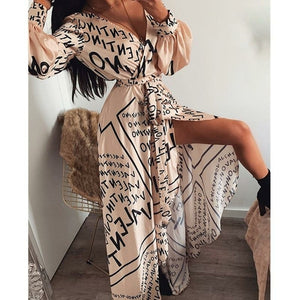 Letter Print Boho V-neck Long Dress Slit Maxi Dress