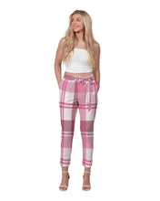 Load image into Gallery viewer, Womens Pants, Pink And White Plaid Style Belted Tapered Trouser Bottoms
